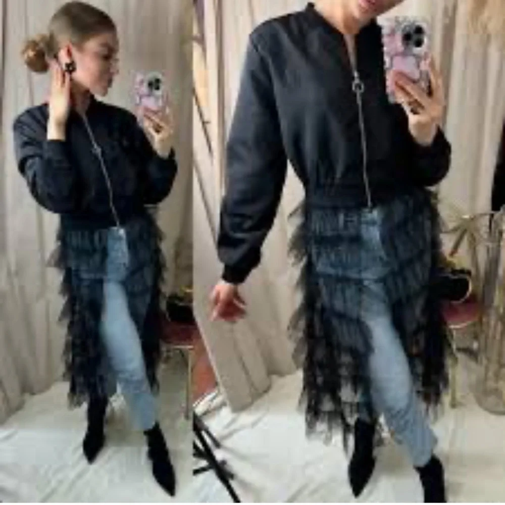 Zip up Long Bomber Jacket Tiered Mesh Black Tulle Layered Dress - Picture 10 of 10